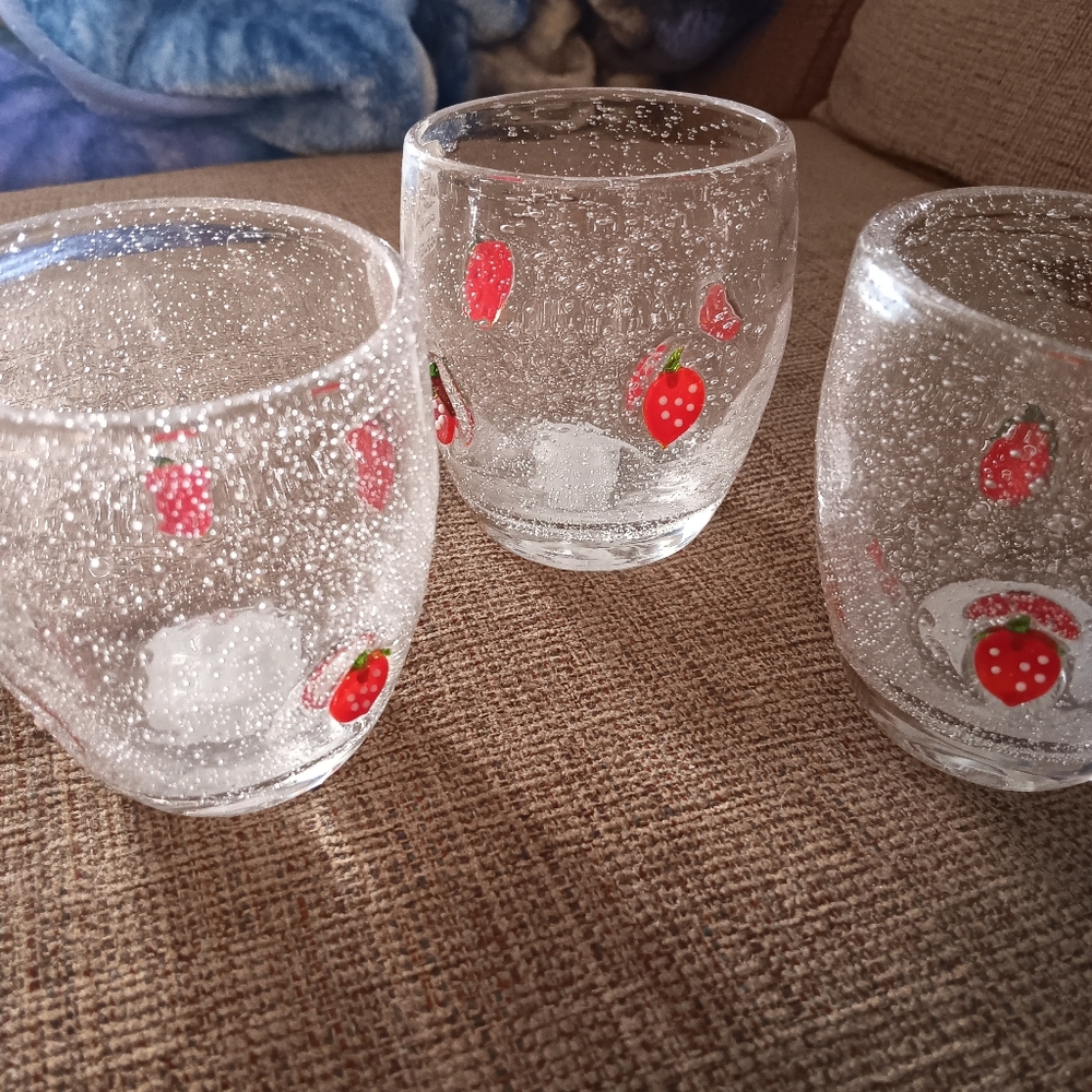 Lot of 3 Hand Blown Strawberry Glasses